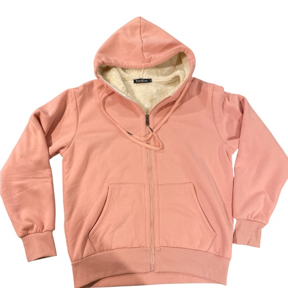 Yeokou Womens Pink Zip-Up Sherpa Lines Hoodie - Picture 1 of 6